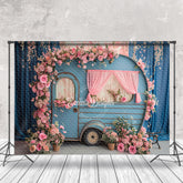 Lofaris Pink Flower Blue Curtain Retro RV Spring Backdrop